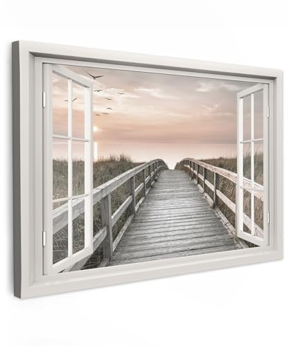 MuchoWow© Leinwand Bilder Groß XXL Wanddeko Wohnzimmer Aesthetic Room Decor | 120x80 cm - Deko Zimmer Wandbilder Moderne Bild auf Fensterblick - Strand - Meer - Sonnenuntergang
