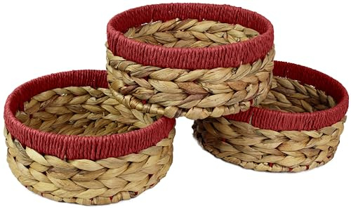 Small Water Hyacinth round baskets for storage Natural Red edges for shelves open hamper. Decorative gift mini tray make up Kitchen organiser (3 x Pack, Large 22 cm)
