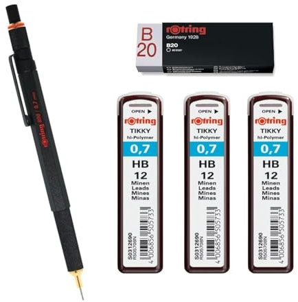 rOtring Druckbleistift 800 0,7 mm 1904446 – Schwarz | 3 x Tikky Minen HB – 0,7 mm | Radiergummi B20