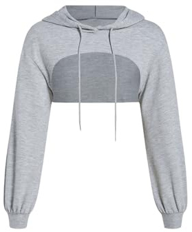 GORGLITTER Damcrop huvtröja pullover, mycket korta tröjor, långärmad tröja, rund krage, cut outs skjortor med huva, LJUSGRÅ, L
