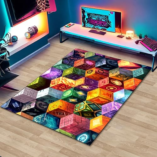 Cube Block Spielteppich, Teenager Jungen Teppich mit magischen Spielelementen, Dekorationsmatte, Pixel-Spielteppich für Jungen, Schlafzimmer, Badezimmer, Fußmatte, Wohnzimmer, Spielzimmer, rutschfeste