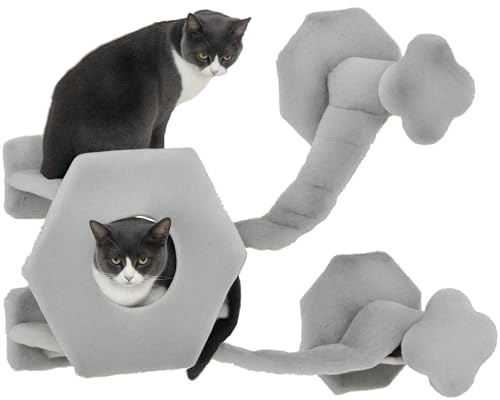 PawHut Katzen Kletterwand, Katzenliege mit Stufen, Katzenhöhle, Sprungturm, Spielzeugball, Katzenplattform für Katzen bis 5 kg, Hellgrau
