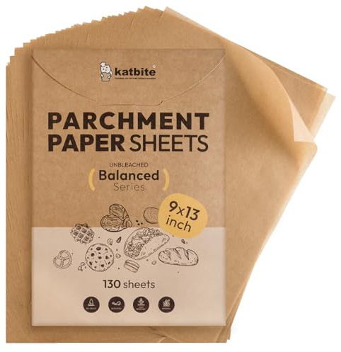 Katbite 130 Pcs Parchment Paper Sheets, 9x13 Inches Unbleached Baking Paper Non-Stick for Gently Baking, Pre-cut Parchment Paper Suitable for Baking, Cooking,Air Fryer [Balanced Series]