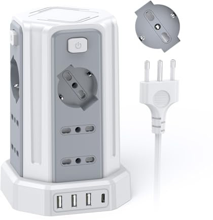 Ciabatta Elettrica Multipresa 2 metro con 12 Prese Universali 10/16A ITA e Schuko e 3 USB A+1 USB C protezione Sovratensione con 4 interruttori indipendenti, Bianco
