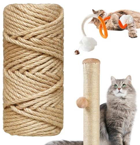 Natural Sisal Rope for Cat Scratcher,1/6 inch,164Ft,Natural Jute Rope for Cat Scratcher Repair and DIY Cat Tree, Recovering, Hemp Twine Rope for Cat Scratching Post Tower Replacement with Cat Chew Toy