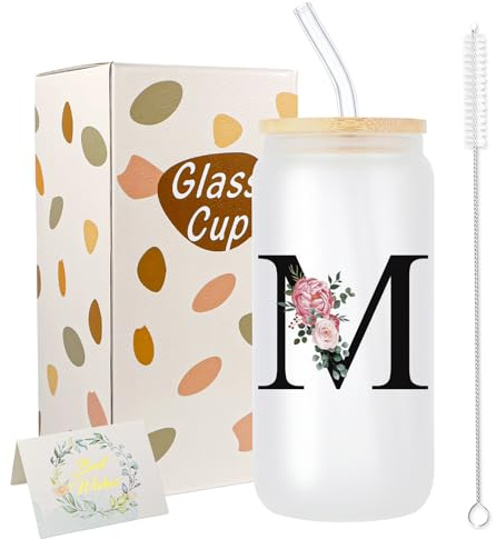 JEKUGOT A-Z Initial Personalised Birthday Gifts for Women, 16oz Iced Coffee Glass Cups with Lids and Straws, Glass Coffee Cup Gift Set for Mothers, Friends, Women, Men, Iced Coffees Cup Gift (M)