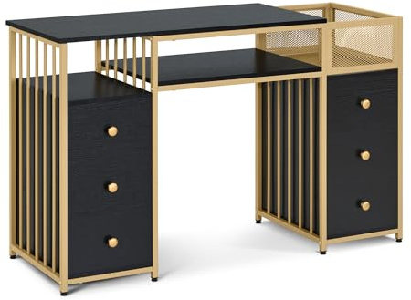 M MCombo Escritorio 6 cajones, Mesa para manicura, Mesa de tocador Moderna sin Espejo, Mesa de Ordenador con estantes para salón, 46 x 125 x 81 cm, 2425
