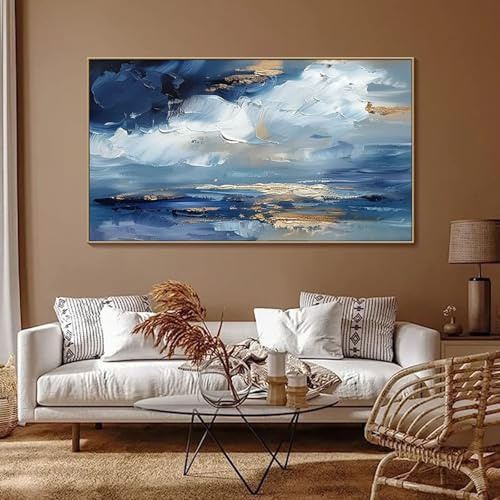XINBAO Dipinto ad olio su tela con onde oceaniche in 3D, astratto, natura, paesaggio, onde del mare blu, dipinto a mano, decorazione da parete per soggiorno, 55x110 cm, con cornice.