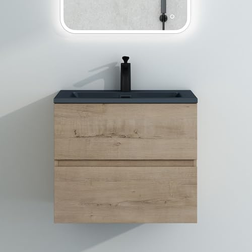 Mai & Mai Waschtisch mit Unterschrank Waschbecken Waschbeckenunterschrank | Badmöbel-Set 60x48x50cm Eiche Greige, mit Waschbecken in Anthrazit, 2-Schubladen Soft-Close Aqualis