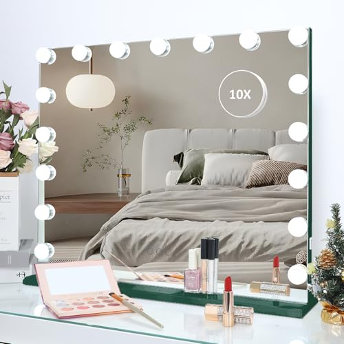 HOMPEN Großer Hollywood Schminkspiegel mit Lichtern, beleuchteter Makeup Spiegel mit 17 Dimmer-Glühbirnen, Tischständer oder Wandmontage, großer Kosmetikspiegel mit 3 farbigen Lichtern, Grün, 60*50cm