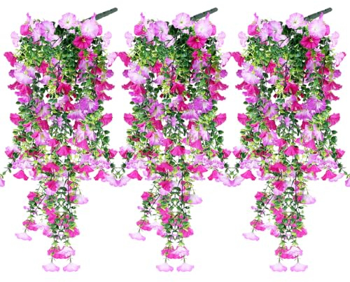 Niuny Plantas Colgantes Artificiales Flores Artificiale Exterior 3pcs Artificiales de Gloria de La Mañana Petunia Colgante Artificial para Pared Hogar Habitación Jardín Patio Boda Decoración Interior