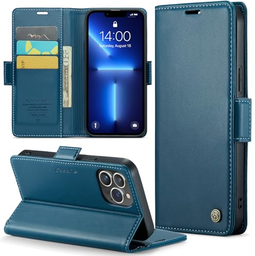 Rerzoiro Handyhülle für iPhone 13 Pro Hülle, Premium PU Lederhülle Klappbar Flip Case [RFID Blocker] Tasche Magnet Kartenfach Klapphülle Schutzhülle für iPhone 13 Pro, Blau