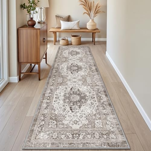 DEXI Läufer Flur Teppich 60 x 210 cm, Küchenläufer Lange waschbar rutschfest, Schmutz & Wasser Aufnehmen Dünne Vintage Teppichläufer für Hauseingänge, Küche, Waschküche, Braun