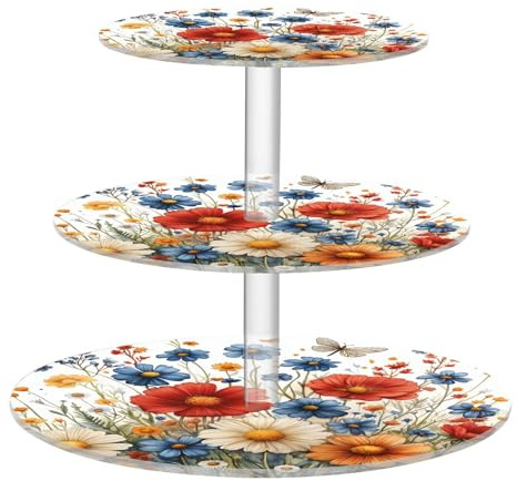 Blueangle 3-Tier Round Cupcake Stand – Colorful Herbs and Flowers Acrylic Dessert Tower, Non-Slip Tiered Dessert Stand for Baby Shower, Birthday, Wedding Party （590）