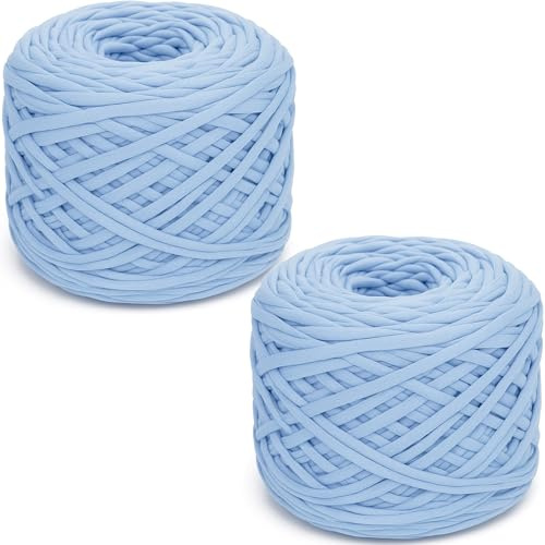 Lighterday Tshirt Garn,285 g x 2 Grobes T-shirt Wolle Elastisches Stoffgewebe Häkelgarn,Häkelwolle Textilgarn Zum Häkeln für Gehäkelte Körbe,Decke Chunky Yarn für Anfänger(Himmelblau)