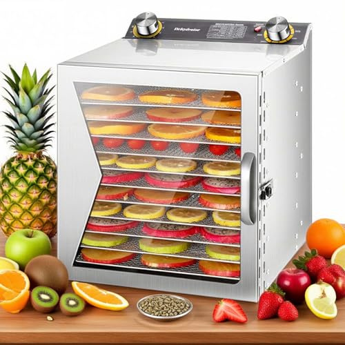 Déshydrateur Alimentaire Professionnel 800W Inox avec Minuterie, 12 Plateaux, Séchoir Fruits, Légumes, Viande, Herbes, Circulation d’Air 360°, Séchage Rapide et Homogène(12Layers)