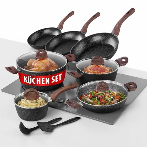 MAGIC HOME Topfset INDUKTION 13-tlg | Aluguss Pfannenset & Kochtopf Set | Marmor Antihaft Bratpfannen & Töpfe | Induktionstöpfe | Kochtopfset Für Alle Herdarten, Induktionsherd | Black Marble Line