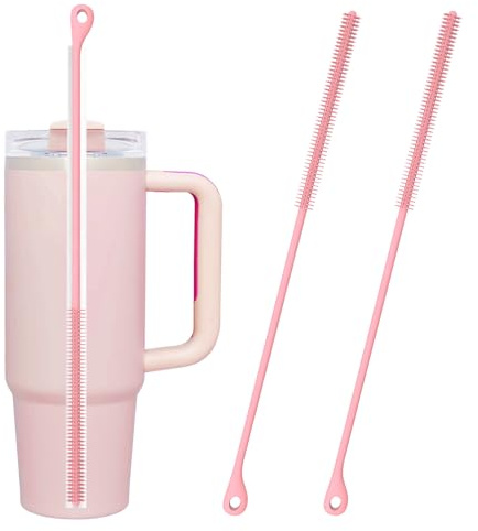Wanheart 2 Pcs Silicone Straw Cleaner Brush, Extra-Long Handled,with Hanging Loop Straws Cleaner Brush for Washing Stanley Straw Narrow Neck Water Bottles Jars Teapot Spout (Pink)