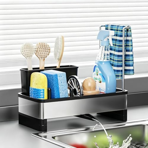 Houbobo Sink Caddy, Kitchen Sink Tidy Organizer with Auto Drain Tray and Dishcloth Holders, Stainless Steel Kitchen Countertop Sponge Holder for Kitchen Sink, Sink Organiser for Dish Brush, Soap