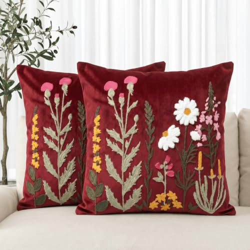 Artoid Mode Red Chain-stitch Flowers Christmas Cushion Covers 45x45cm 2PCS | Antique Herbs Spring Decorative Pillow Case Cover Sofa Living Room Decor