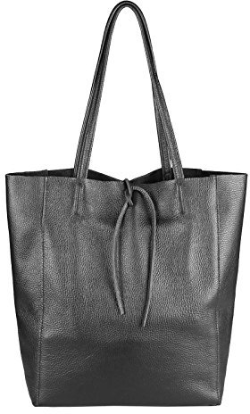 OBC Made in Italy Damen Leder Tasche Din-A4 Shopper Schultertasche Henkeltasche Tote Bag Metallic Handtasche Umhängetasche Beuteltasche (Schwarz 36x40x12 cm)
