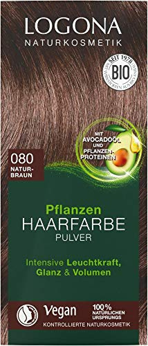 LOGONA Naturkosmetik Pflanzen-Haarfarbe Pulver 080 Naturbraun, Mit Avocadoöl, Vegan & Natürlich, Braune Natur-Haarfarbe Braun-Natur mit Henna, Coloration, 100g