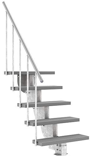 Außentreppe DOLLE Gardenstep mit 5 Stufen (Geschosshöhe: 92,5-112,5 cm) │ 80 cm Stufenbreite │ Stufenauflage Trimax® Grau │ Mit Steiggeländer