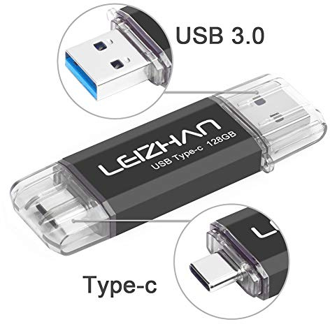 leizhan 128GB USB 3.0 Flash Drive Thumb Drives Jump Drive USB Memory Stick Type-C/USB-A 2 in 1 - Black