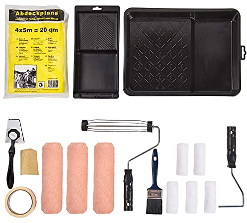PILOT FISH 17 Pcs Paint Roller Kit, 9 Inch 4 Inch Paint Roller with Frame, Paint Supplies for Wall Painting, Paint Brush Paint Tray Microfiber Roller Covers for Home Painting Painting Tools for Indoor
