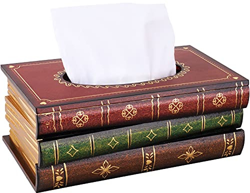NiHome Vintage Tücherbox Holz - Nachfüllbare Taschentuchbox mit Klappdeckel, Tissue Box für Taschentücher，Retro Design im Buchstil, Kosmetiktücher Box für Zuhause, Büro und Schule(Rote Oberseite)