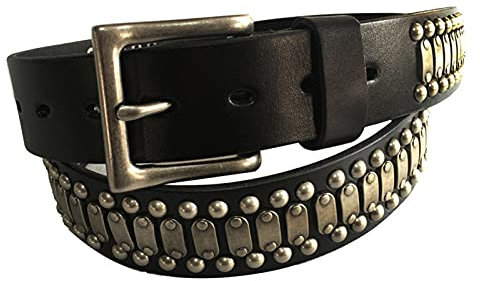 YDYBY 3 Reihen Metall Nieten Echtleder Gürtel 105cm - 125cm Länge kürzbar Versch Farben und Größen Punk Rock Style Nietengürtel für Herren Damen,Schwarz,115CM