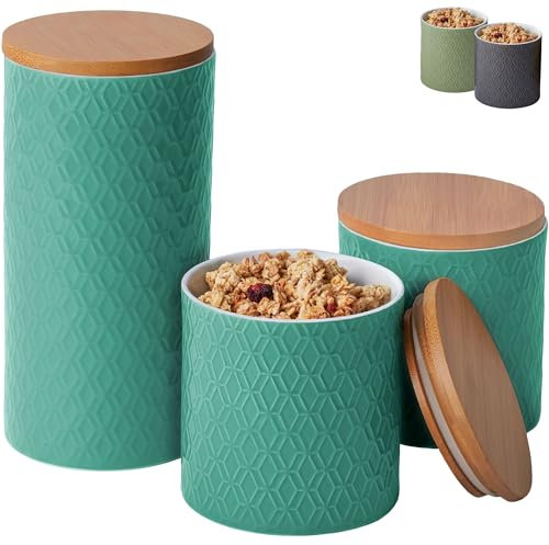Praknu Vorratsdosen Keramik mit Deckel Luftdicht - 3er Vorratsbehälter Set aus Keramik mit Bambusdeckel für Müsli Mehl Kaffee & Zucker Aufbewahrung - Spülmaschinenfest (Türkis)
