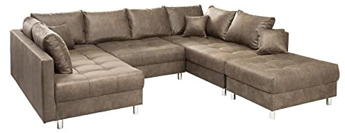 Riess Ambiente Modernes XXL Sofa Kent 303cm Taupe Federkern inkl. Hocker und Kissen Wohnlandschaft Schlafsofa Schlafcouch Couch Ecksofa mit Schlaffunktion