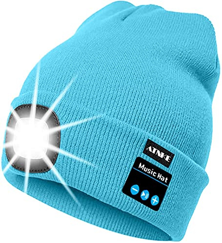 ATNKE LED beleuchtete Bluetooth Beanie Kappe, wiederaufladbare USB-Musikalische Laufmütze mit extrem hellem 4 LED Licht wasserdichte Lampe für das Skifahren