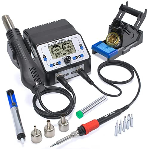WEP 938BD-I Soldering Iron Station Hot Air Rework Station 2-IN-1 with LCD Display, PID Control, Hot Air Start/Stop, Sleep Mode, 3 Extra Nozzles, 5 Extra Soldering Tips, Solder Wire