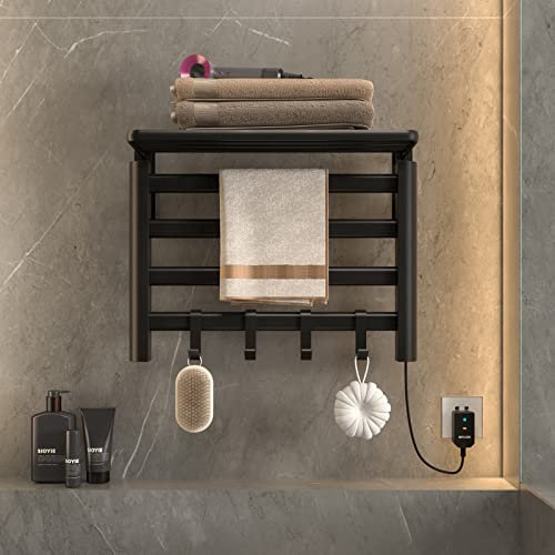 Portasciugamani Elettrico, Scaldasalviette, Termoarredo Elettrico, 550x400mm, Temperatura Costante 55°, con ripiano e gancio, Riscaldamento in Fibra di Carbonio, Antracite, anti Ustione-Black Right