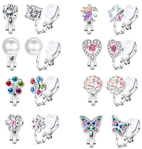 FASACCO 8Pairs Clip on Earrings for Women Girls Colorful Crystal Non-Piercied Earrings Cute Flower Heart Butterfly Pearl Clip-on Earrings Over 3 Years Old