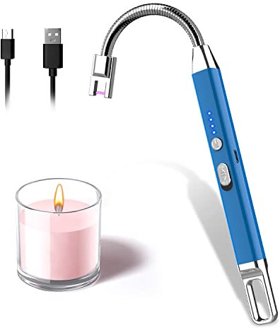 Accendino Elettrico USB Ricaricabile con Indicatore Batteria, Arco Elettrico 360° Flessibile per Candele, Stufe, Barbecue (Blu)