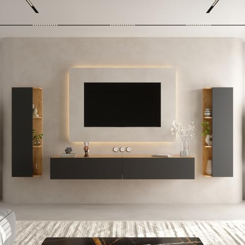 Planetmöbel TV Wohnwand Wohnzimmer 2X 100 cm | Gold Eiche / Anthrazit, mit 2x 40cm Seitenschränken Gold Eiche / Anthrazit