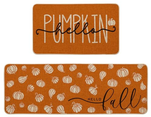 Artoid Mode Orange Hello Pumpkin Fall Kitchen Mats Set of 2, Autumn Home Decor Low-Profile Kitchen Rugs for Floor - 17x29 and 17x47 Inch