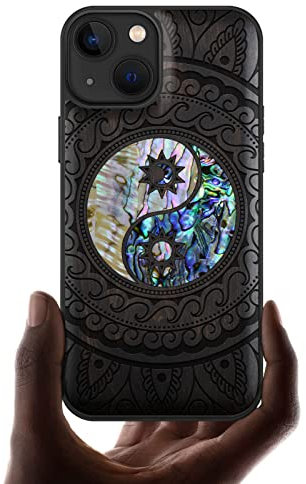 Carveit Coque magnétique pour iPhone 13 Étui de Protection TPU Coque [Gravure en Bois et Incrustation de Coquille] Compatible avec 13 Magsafe Artistique Coque (Bois Sombre-Yin Yang Cachemire)