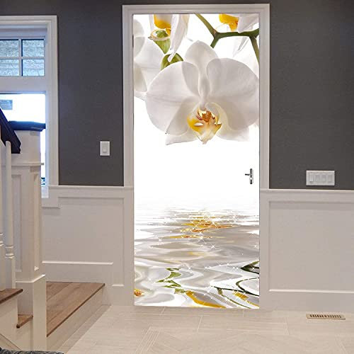 3D Türtapete Selbstklebend 90 X 200 Cm Weiße Orchidee Zen-Meditation Diy Wandbild Pvc Wasserdicht Pvc Türtattoos Türposter Türaufkleber Fototapete Türfolie Für Tür,Wohnzimmer,Schlafzimmer,Küche Toile