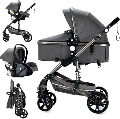 MoLi Carrito de Bebe 3 en 1, Carro 3 Piezas Plegado Conveniente con Un Solo Clic, Carrito Bebe con Modo de Doble Empuje Reversible, Cochecito Tres Piezas Paisaje Alto (739 Grey)