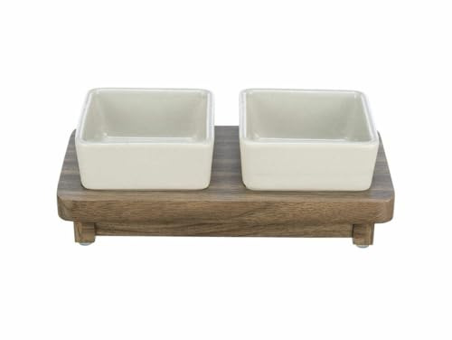 TRIXIE Hundenapf-Set City Style 2 x 200 ml aus Keramik weiß - praktischer Fressnapf für kleine Hunde 10 x 10 cm auf Holzsockel, robust und spülmaschinengeeignet – 24823