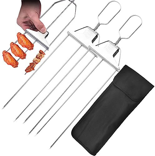 Brochetas de 3 vías Grilling Savants | Palos de asado de acero inoxidable de 3 vías,Acero inoxidable antioxidante de 14,7 pulgadas con bolsa de tela Oxford Salchichas Brochetas de pollo Youding