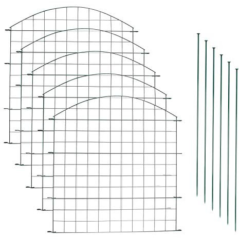 Ansobea Teichzaun Gartenzaun Komplettset Steckzaun 5 Zaunelemente 6 Befestigungsstäbe Zaun für den Garten, Gitterzaun Set Zaun Garten Hundezaun Gartenzaun Metall Grün - Oberbogen
