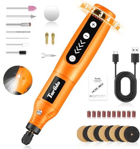Tarlido Cordless Rotary Tool Kit, 3.7V 2.0Ah Rechargeable Battery, 18000RPM 5-Speed Multi Power Carving Tools, 31Pcs Accessories, Engraving, Sanding, Grinding, Polishing, Carving, Etching, DIY-Orange