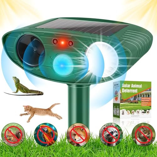 Cat Repellent Garden Ultrasonic Fox Repellant Cat Deterrent Pet Animal Deterants Solar Powered & Waterproof Flashing Light Outdoor Farm Yard, Effective for Cats, Dogs, Foxes, Birds
