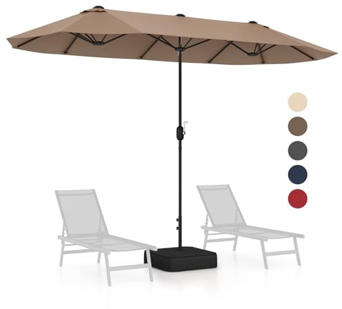 GOPLUS 4x2m Sombrilla Doble Terraza Exterior con Base y 36 Luces LED, Parasols Jardin Grandes con 12 Varillas, Manivela, Protección Solar, Sombrilla Rectangular para Terraza (Marrón, 4x2 m LED)