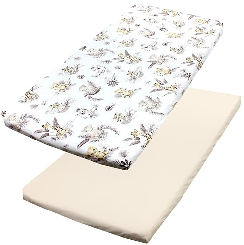 TupTam Baby Spannbettlaken Kinder Spannbetttuch für Babybett Kinderbett 2er Pack, Farbe: Löwe/Blätter/Beige, Größe: 70 x 140 cm